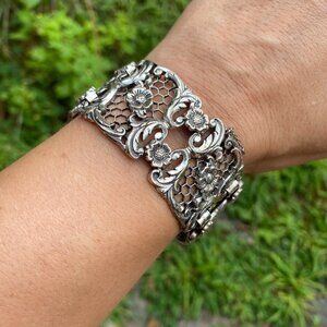 vintage Danecraft Sterling Silver flower panel link bracelet